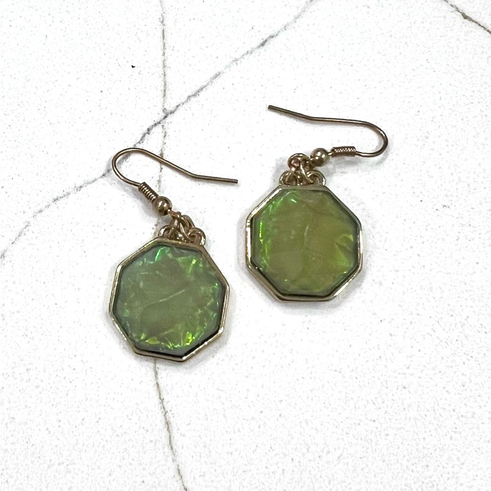 Elegant green and gold iridescent drop earrings, unique shape and look